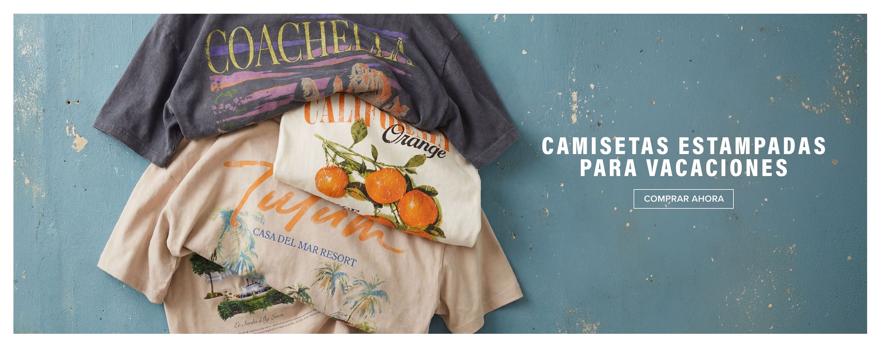 Camisetas estampadas apiladas para vacaciones: carbón Coachella, crema naranjas, beige resort. ¡Compra las últimas tendencias para tu próximo viaje!