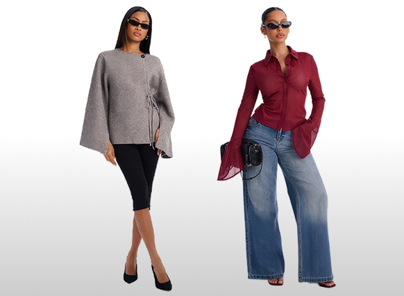 Models showcase modern fall fashion featuring a grey bell-sleeve jacket with capris and a sheer red button-down shirt with wide-leg jeans.