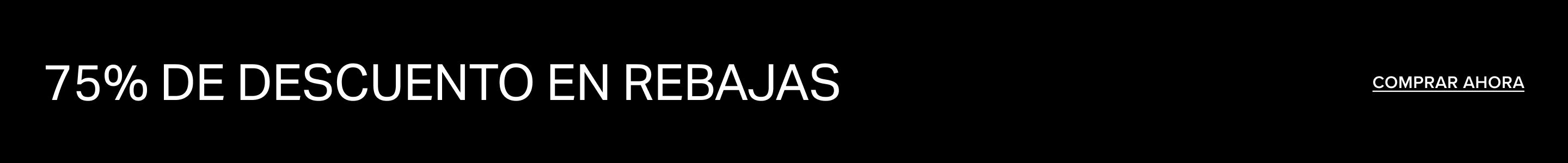 Texto blanco sobre fondo negro anunciando una OFERTA del 75% de descuento con un botón 'COMPRAR AHORA' para grandes rebajas.
