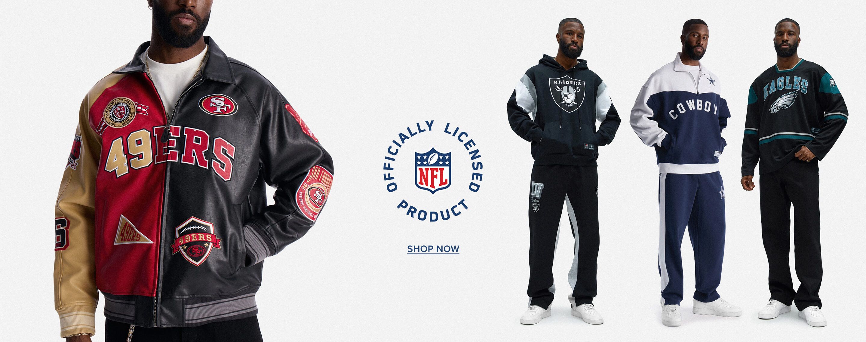 Model wearing official NFL hoodies and tracksuits in black, blue, and teal for Raiders, Cowboys, and Eagles to promote the new apparel collection.