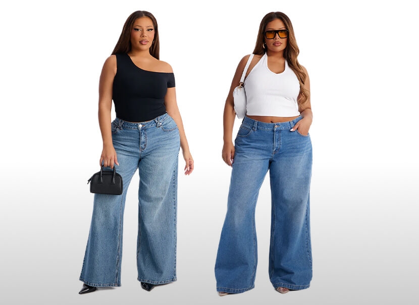 Two models showcase plus size wide leg jeans. One wears a black one-shoulder top; the other, a white halter. Modern women's fashion.