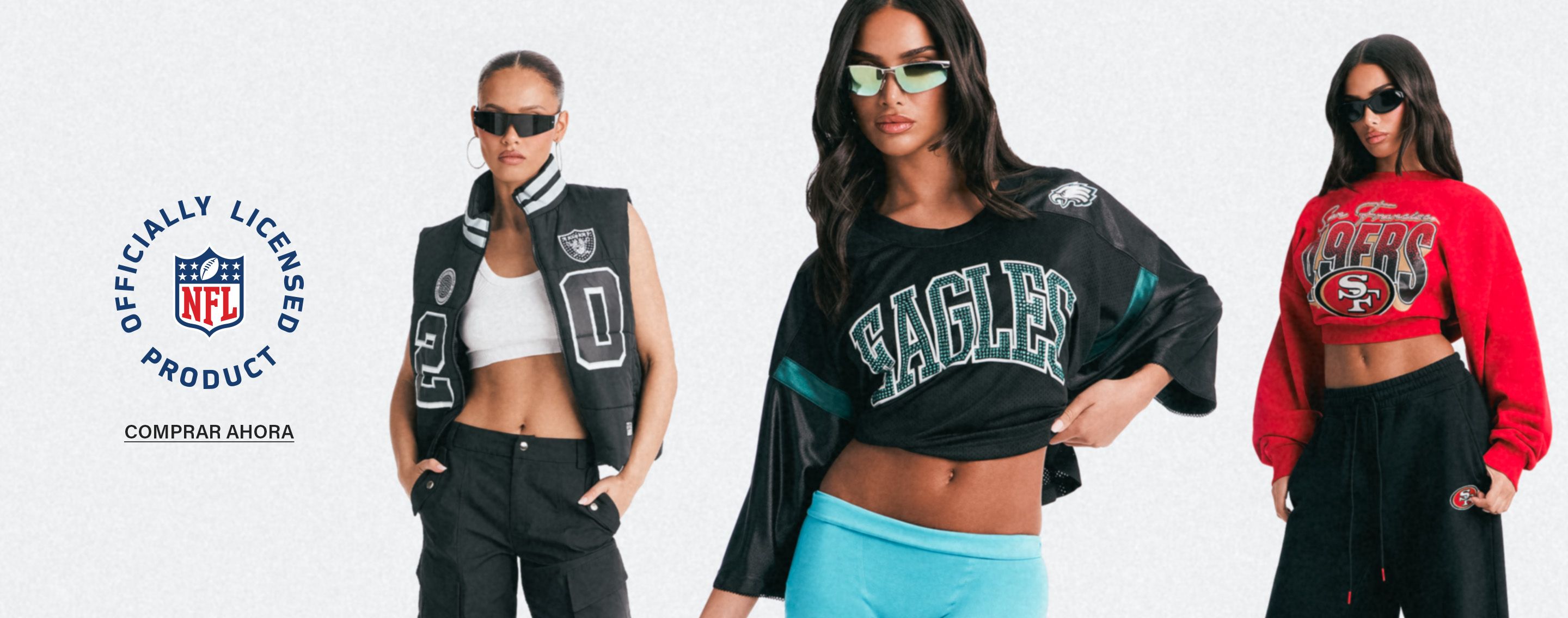 Mujer viste un jersey corto negro de los Eagles con pedrería verde y gafas, promocionando la nueva colección oficial de ropa de la NFL.