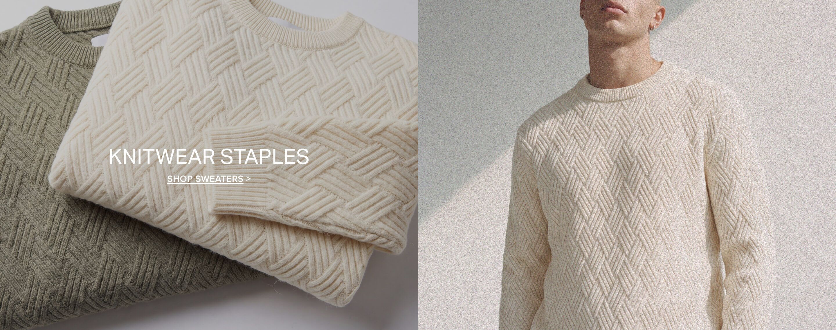 Classic textured olive green and cream basketweave knit sweaters promoting the Knitwear Staples collection with a shop sweaters link.