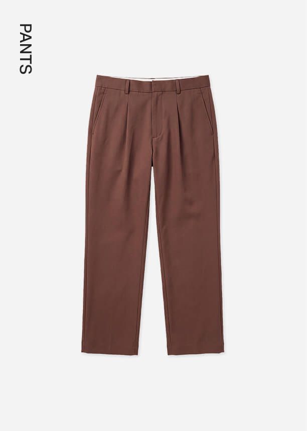 Chocolate brown pleated dress pants with a tailored straight-leg fit.