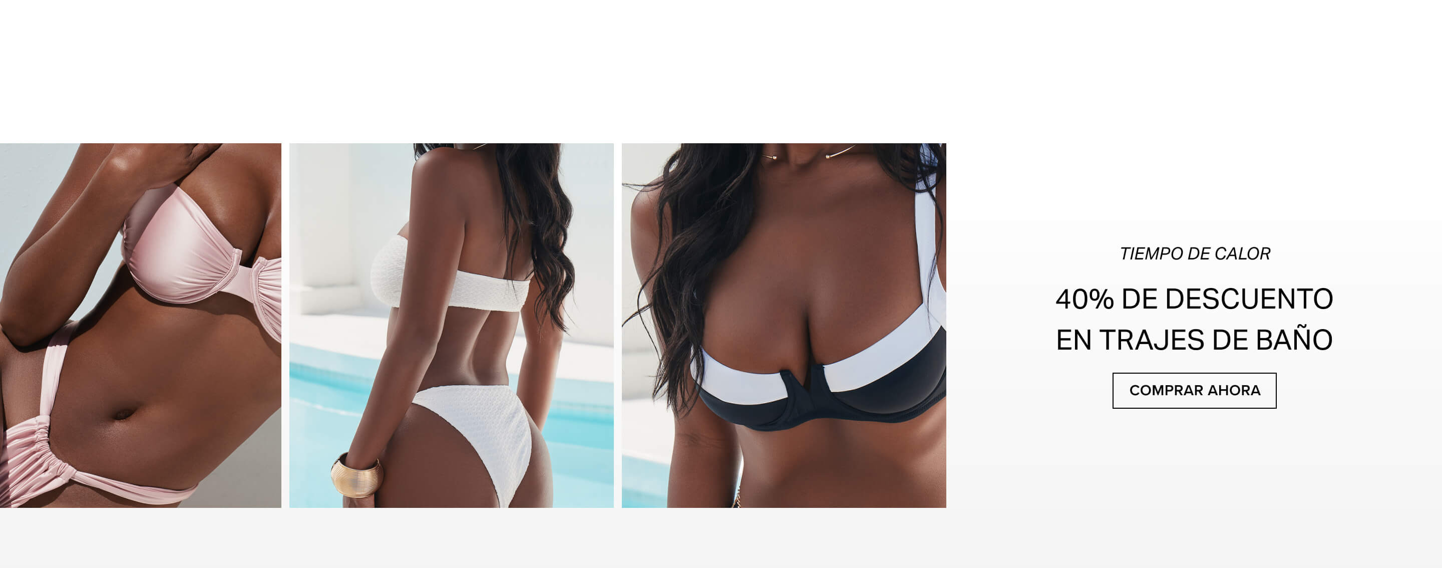 Primeros planos de bikinis rosa, negro y blanco. Promocionando 40% de descuento en trajes de baño elegantes para el calor.