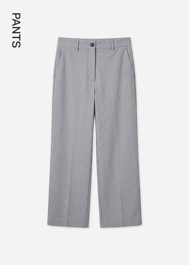 Tailored grey wide-leg trousers featuring elegant front creases and side pockets, highlighting the classic women's office pants category.