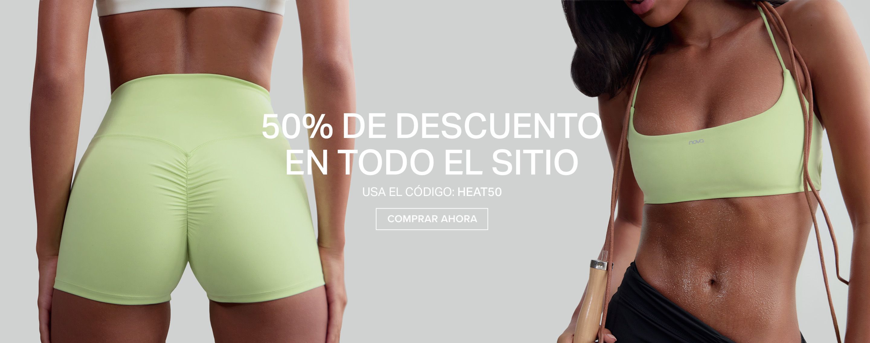 Nova activewear: woman in sports bra with jump rope. Get 50% OFF sitewide using code HEAT50. Shop fitness apparel now!