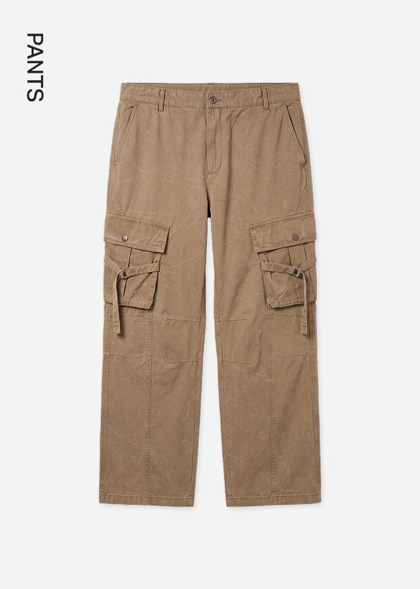 Brown cargo pants with large side utility pockets and straps shown flat on a white background for a men's casualwear category page.