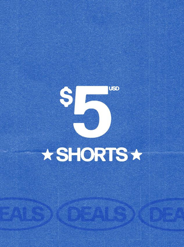 Imagen promocional azul vibrante con texto blanco en negrita: '$5 SHORTS' flanqueado por estrellas, destacando una oferta especial en pantalones cortos.