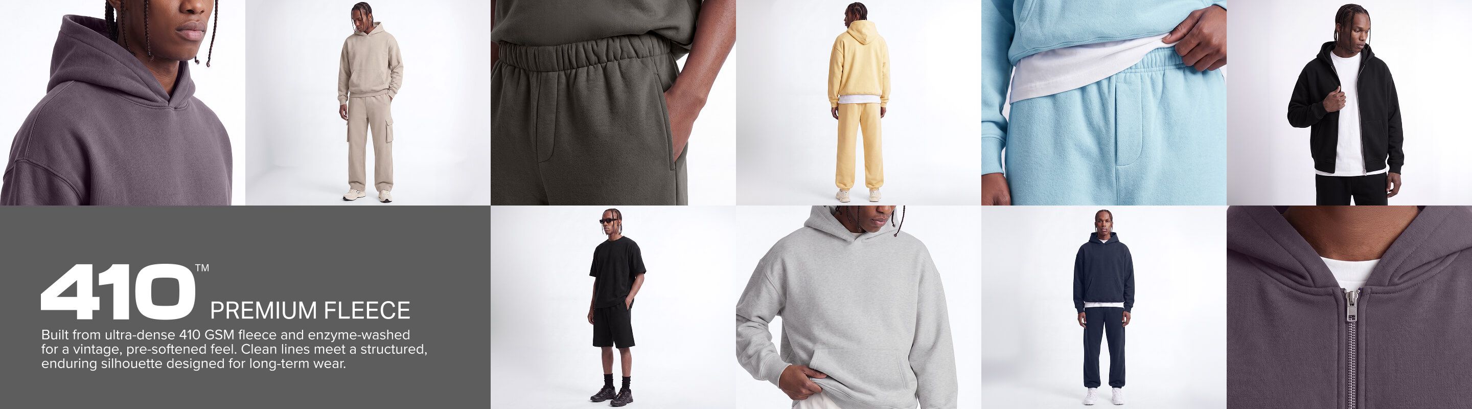 Introducing 410 Premium Fleece hoodies & sweatpants in various colors: charcoal, beige, navy, and sky blue. Experience ultimate comfort and style.