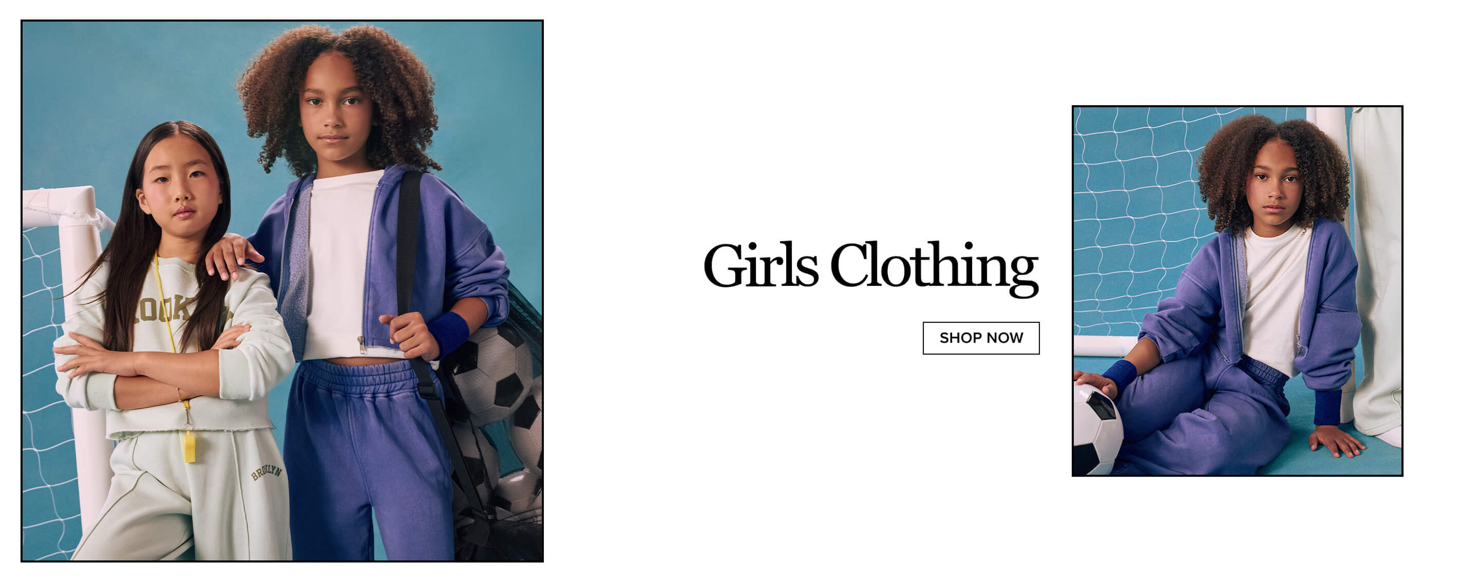 Two girls model stylish girls clothing. One in a mint green tracksuit; the other, a purple hoodie and sweatpants. Shop our new kids fashion.