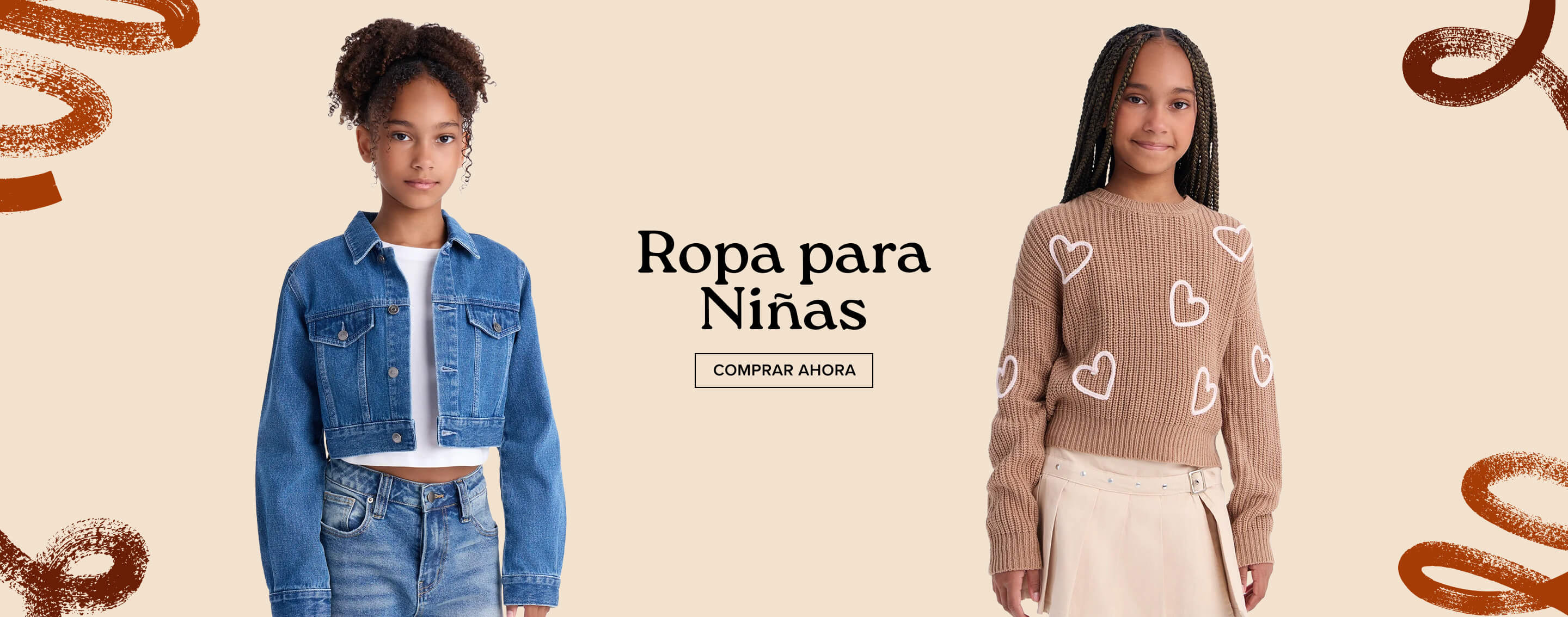 Dos niñas modelan una chaqueta vaquera y un suéter café de corazones para un banner de ropa de niña con un botón de comprar ahora.