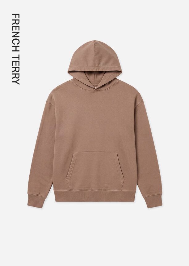 Taupe brown French Terry hoodie with kangaroo pocket, featuring vertical text for the new comfortable autumn apparel collection.
