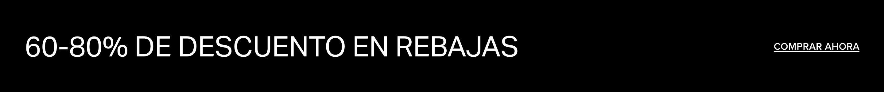 Texto blanco sobre fondo negro anunciando una OFERTA del 60-80% de descuento con un botón 'COMPRAR AHORA' para grandes rebajas.