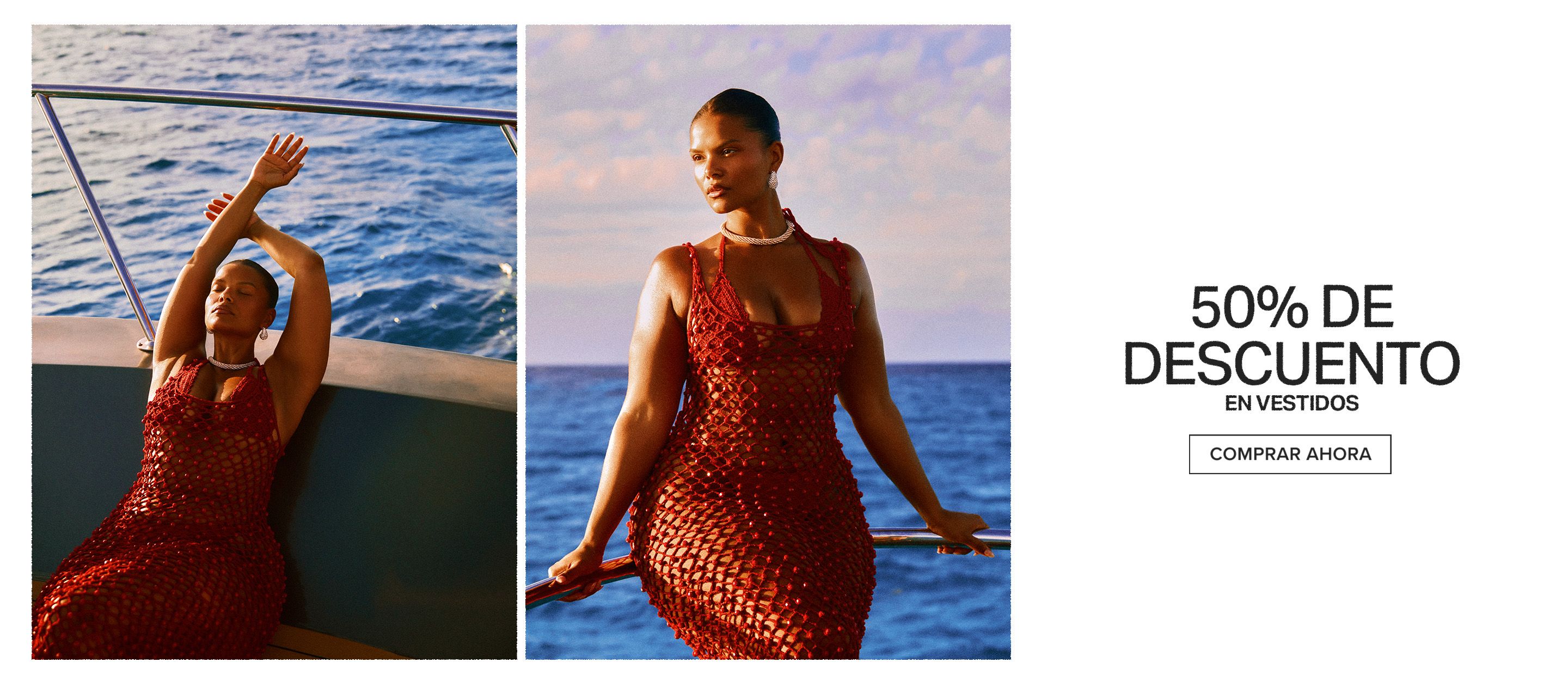 Mujer con vestido de crochet rojo se apoya en barandilla de barco, con océano azul y cielo morado, anunciando 50% descuento en vestidos.