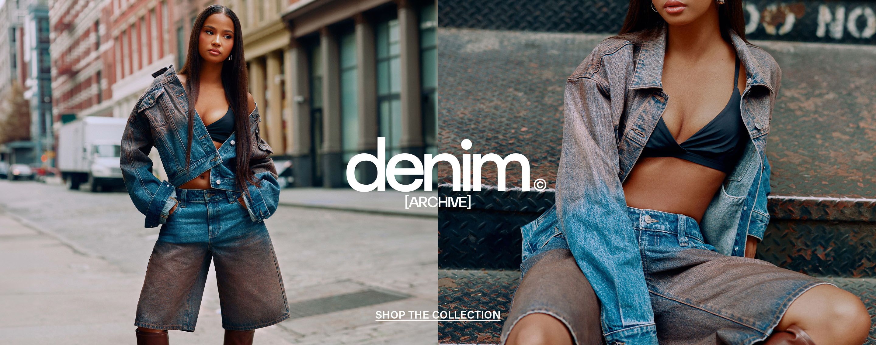 Woman posing on rusty metal stairs in a denim jacket, shorts, and brown boots, promoting the new denim ARCHIVE fashion collection.