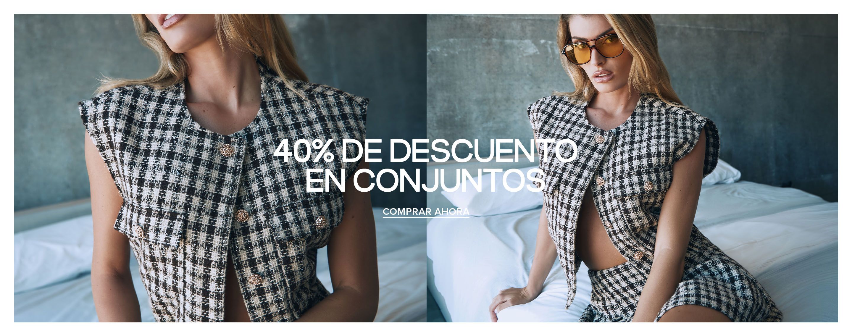 Mujer con conjunto de chaleco y falda de cuadros y gafas amarillas en una cama, promocionando una rebaja del 40% en conjuntos combinados.