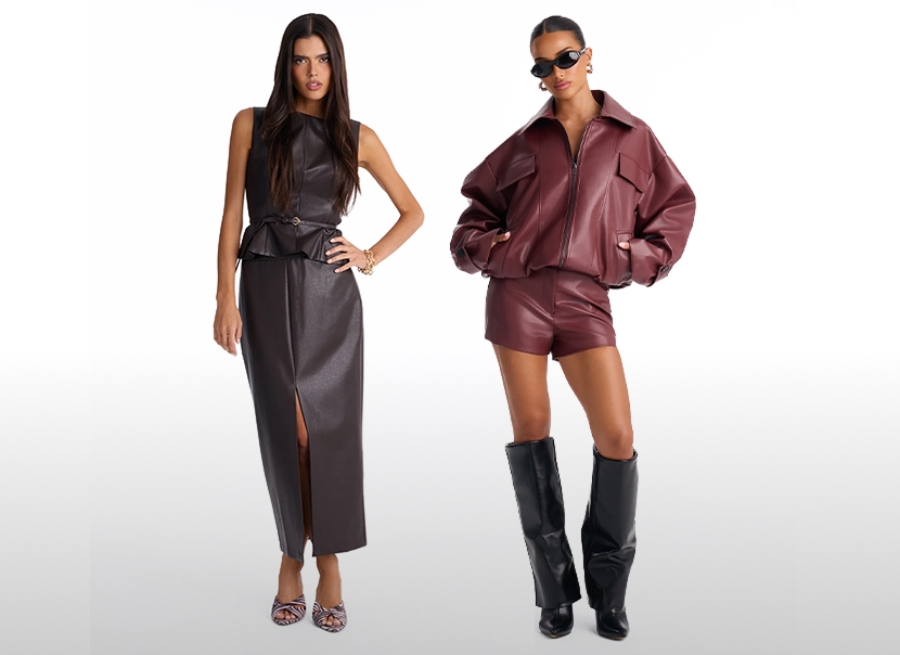 Trendy women's fall fashion collection featuring a brown faux leather midi skirt set and a burgundy oversized leather jacket with matching shorts.
