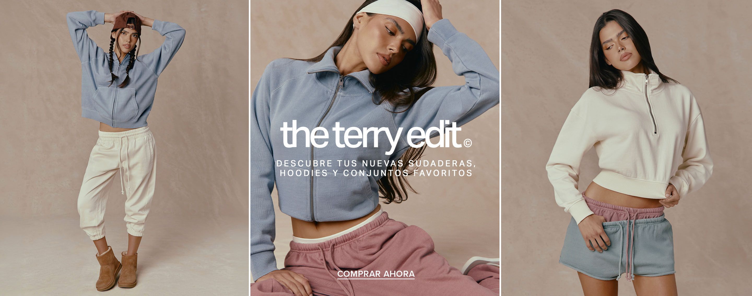 Mujer con sudadera corta azul y joggers rosas de la colección The Terry Edit. Compra sudaderas, pantalones deportivos y conjuntos cómodos.