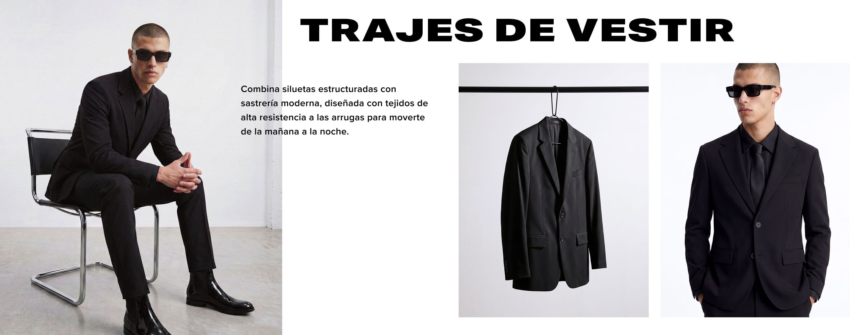 Hombre elegante con traje de vestir negro de sastrería moderna, sentado. Presenta ropa formal para hombre cómoda y resistente a arrugas.