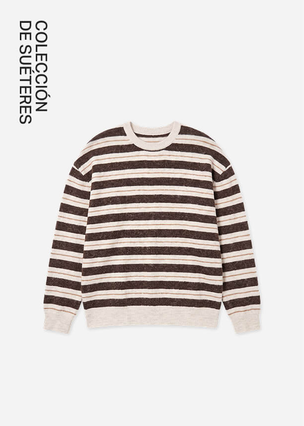 Suéter de rayas marrón y crema de cuello redondo de Sweater Shop, un tejido cómodo y clásico ideal para la moda de otoño e invierno.