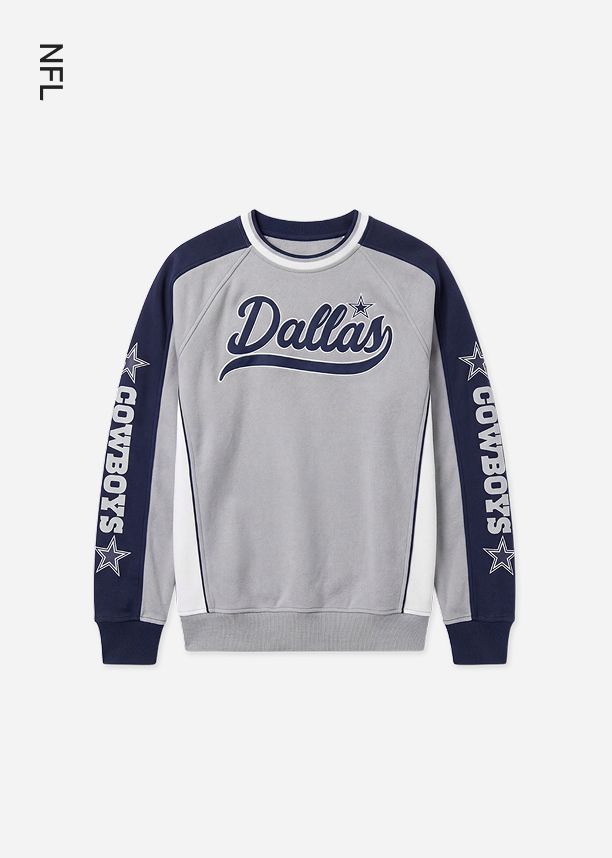 Grey and navy Dallas Cowboys sweatshirt from the new NFL fan apparel collection, featuring script lettering and star sleeve designs.