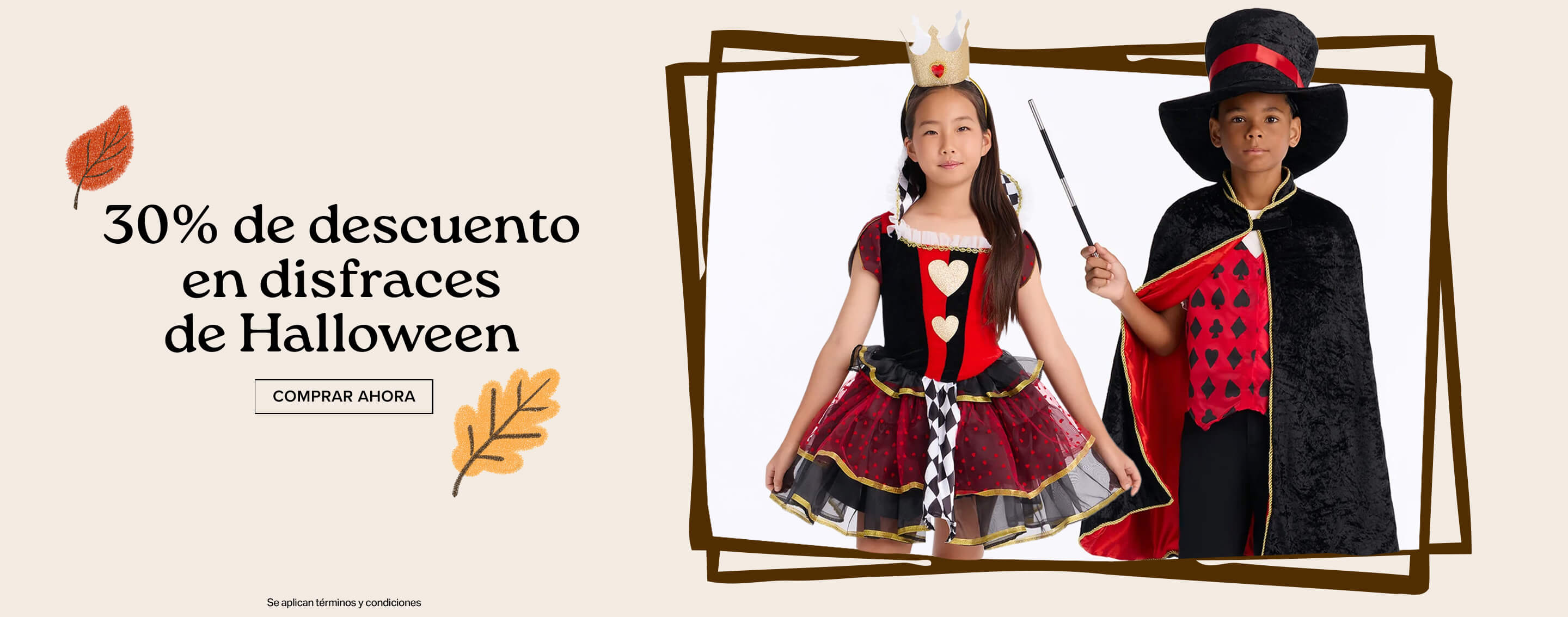 Niños con disfraces de Reina de Corazones y mago junto a un anuncio de 30% de descuento en Halloween para promover ofertas infantiles.