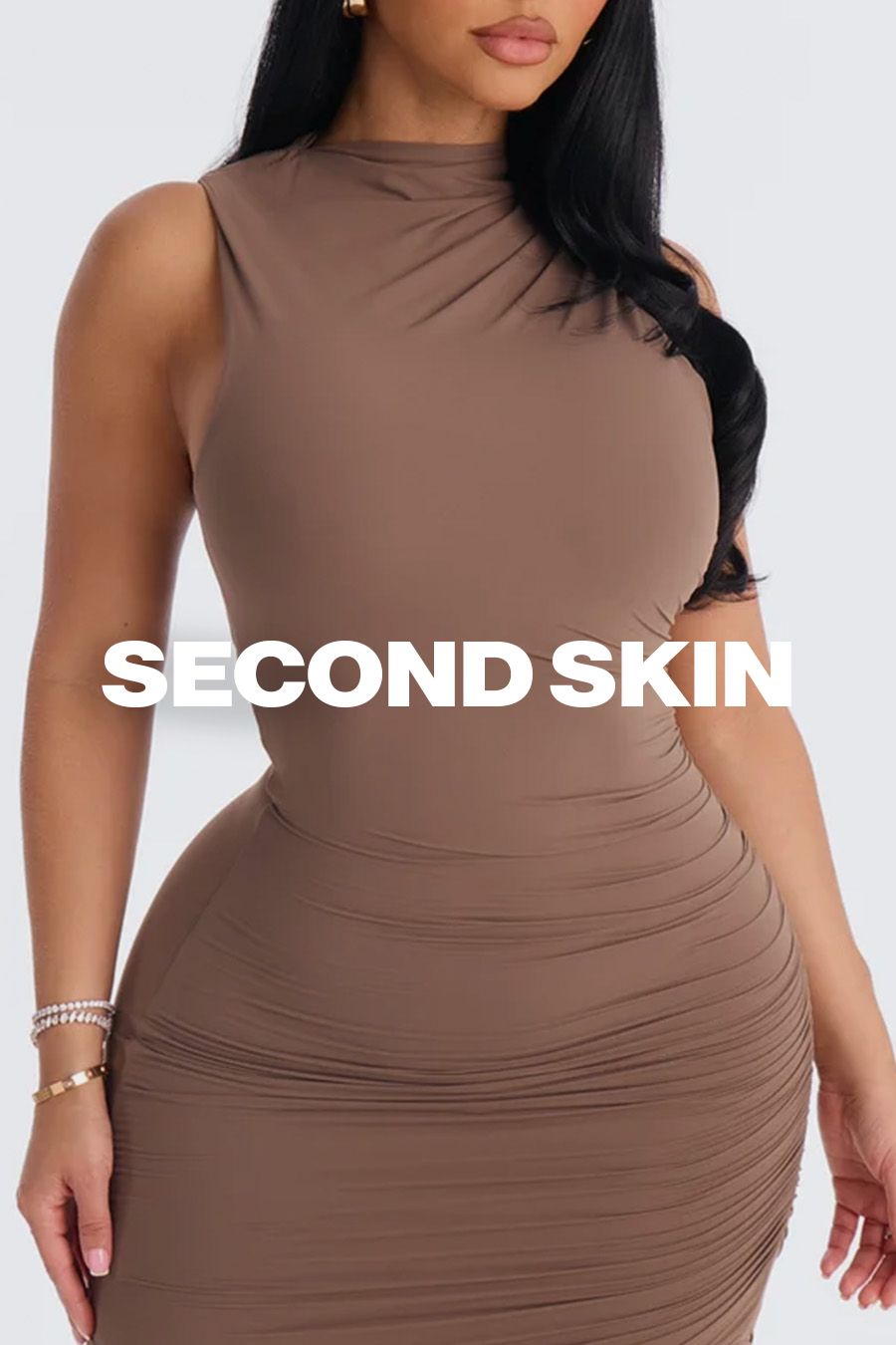 Woman wearing a brown sleeveless mock neck ruched bodycon dress from the Second Skin collection, highlighting form-fitting shapewear style.