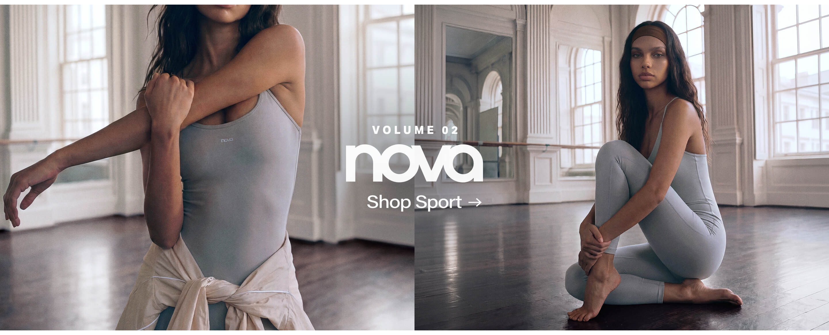 Woman in grey Nova activewear bodysuit and brown headband stretching, beige jacket tied at waist, promoting the new Volume 02 collection.