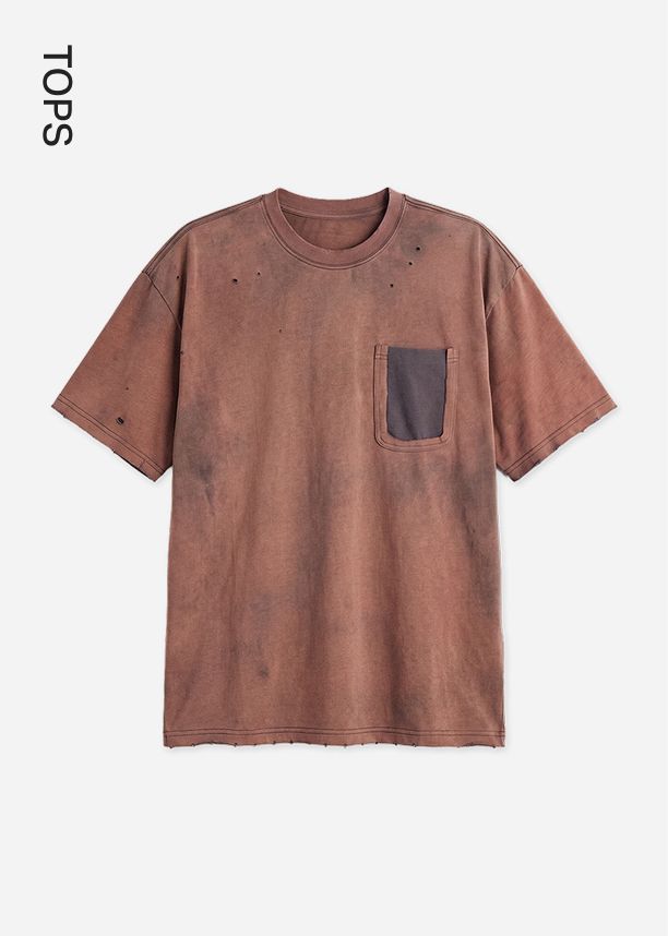 Distressed brown short-sleeve t-shirt with a dark gray pocket, worn details. A casual, vintage-style top for the latest collection.