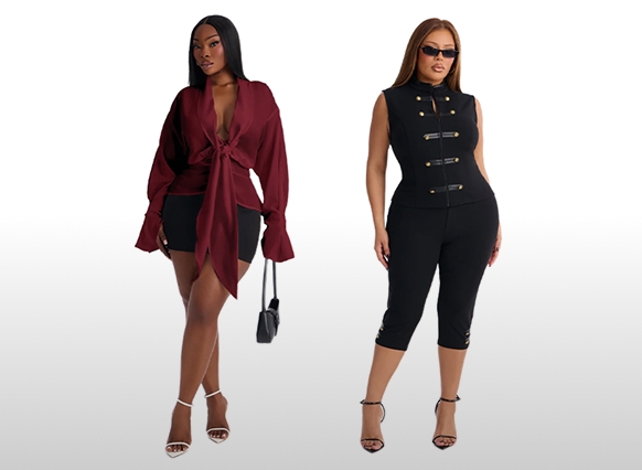 Modelos lucen moda de mujer en tendencia: blusa burdeos con lazo y shorts, y chaleco militar negro sin mangas con pantalones capri.