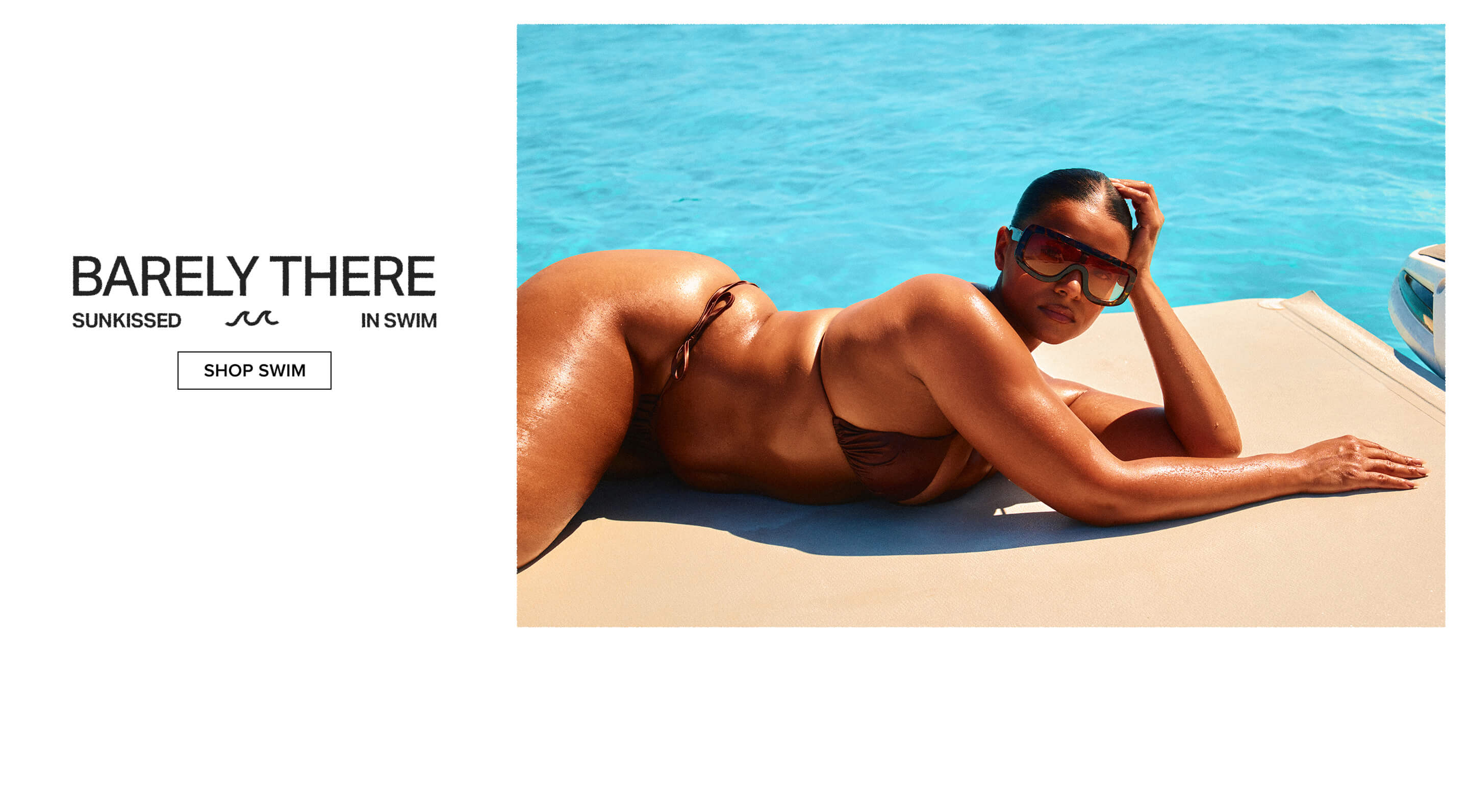 Sleek brown 'Barely There' bikini on a woman with sunglasses, posing by a vibrant blue pool. Promotes new sunkissed swimwear collection.
