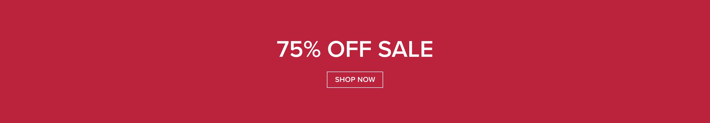 Bold red promotional banner displaying '75% Off Sale' in white text, with a 'SHOP NOW' button for exclusive discounts.