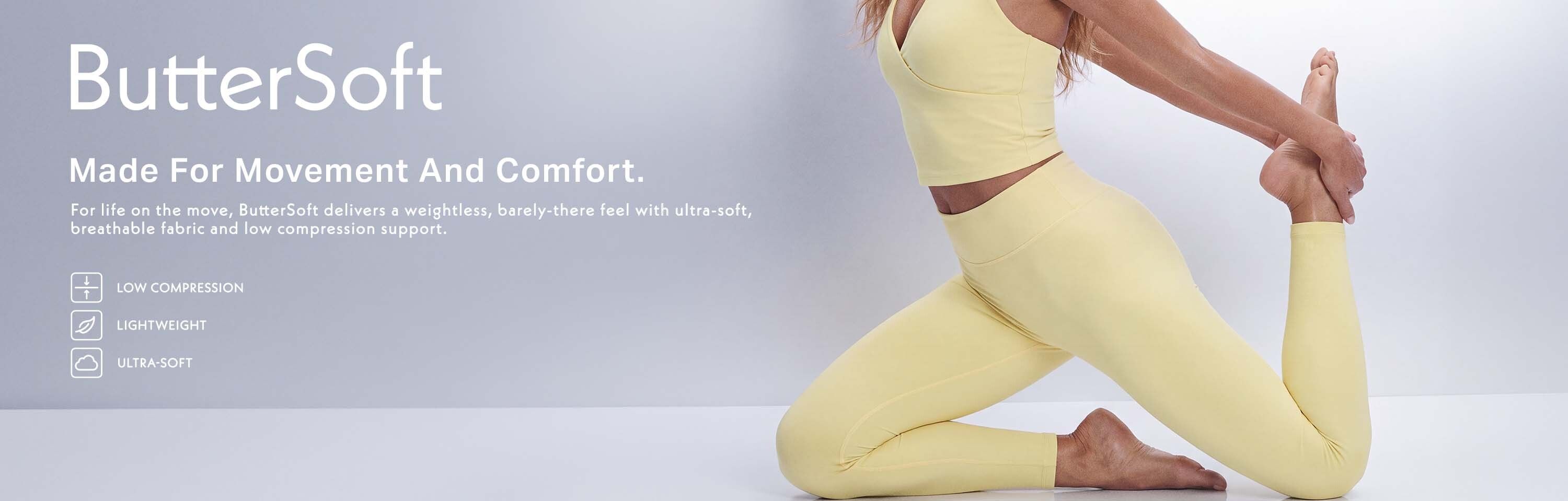 Mujer estirándose con leggings ButterSoft de color amarillo pálido y top corto a juego, promoviendo ropa de yoga cómoda y ligera.