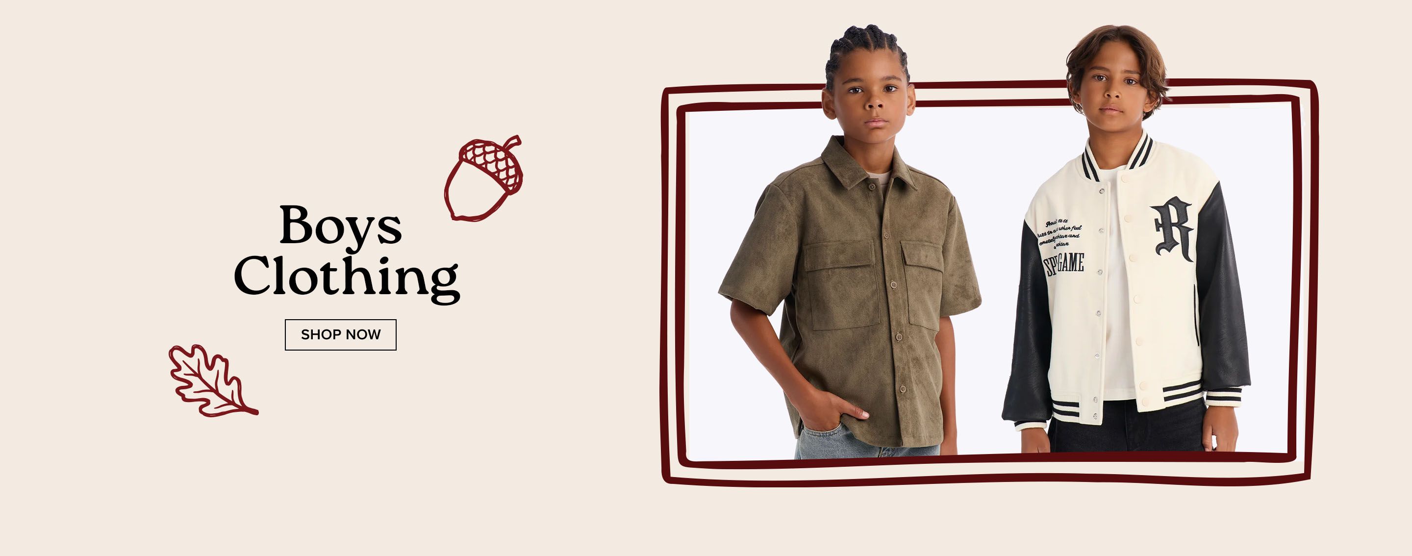 Two boys modeling a khaki utility shirt and varsity jacket in an autumn-themed banner promoting a stylish boys clothing collection.