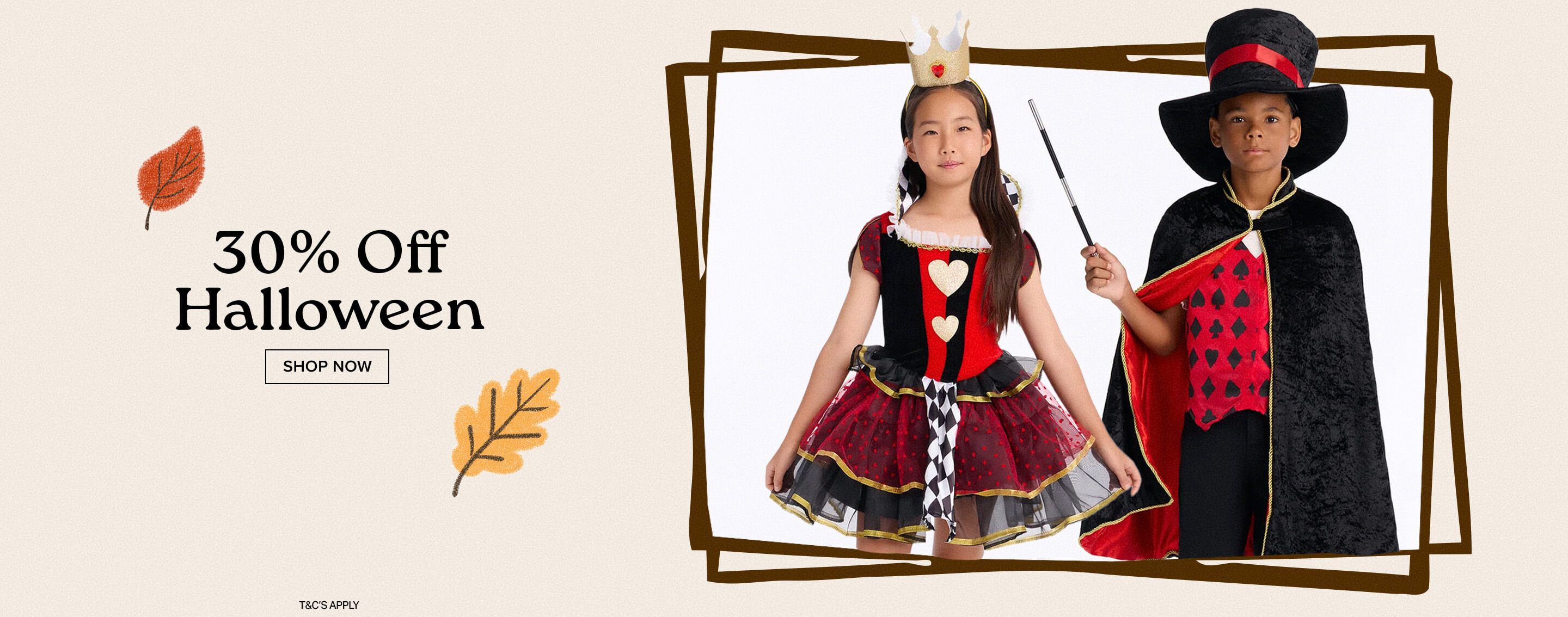Kids in Queen of Hearts and magician costumes next to a 30% off Halloween sale banner promoting discounts on children's outfits.