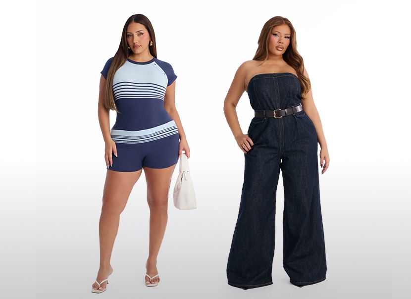 Dos modelos tallas grandes mostrando moda primavera. Una lleva conjunto de shorts y top azul rayado, la otra un mono mezclilla oscuro. Descubre estilos modernos.