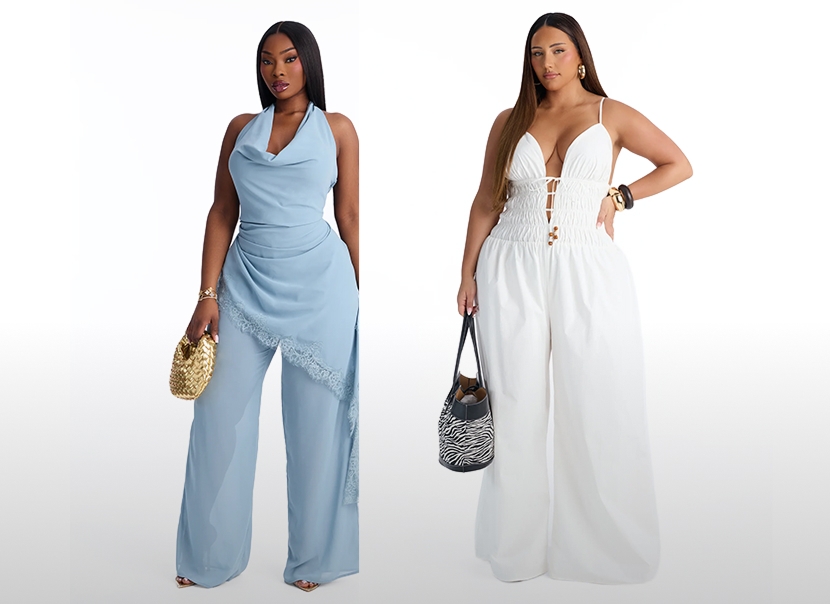 Two women model stylish jumpsuits: a light blue halter with lace trim & a white wide-leg smocked design. Shop our new collection.