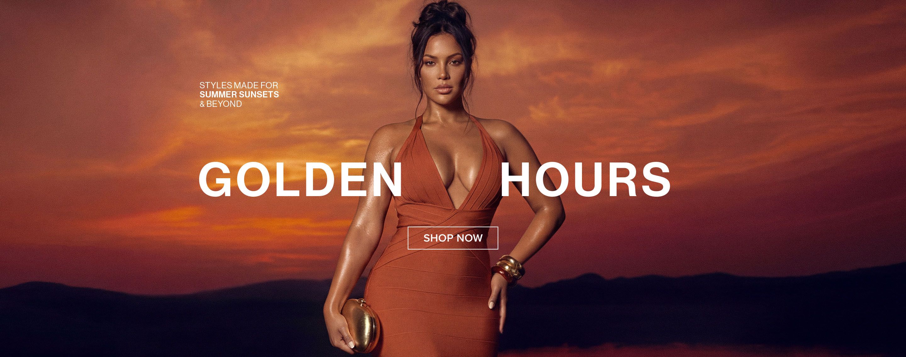 Woman in a shimmering rust halter dress holding a golden clutch, promoting "Golden Hours" summer fashion against a vibrant sunset. Shop now!