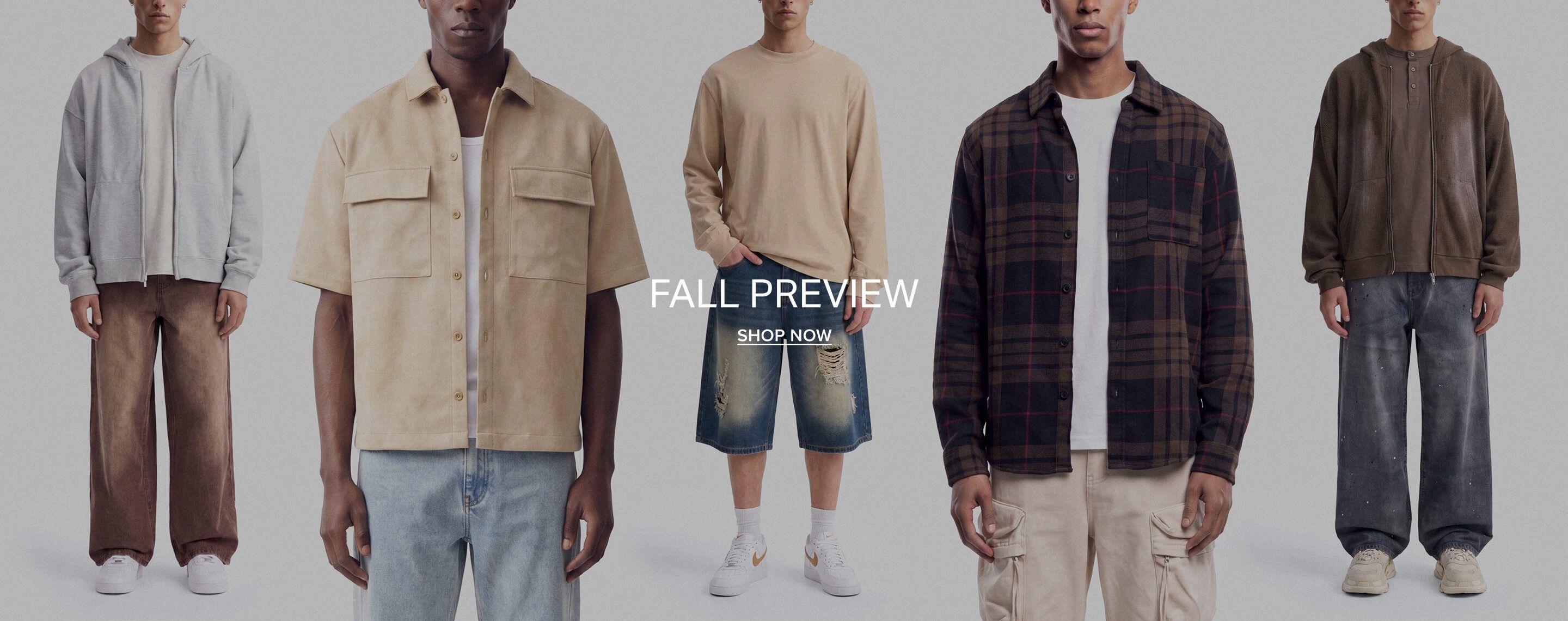Men's fall fashion preview showcasing a plaid flannel shirt with cargo pants and a beige button-down with jeans. Shop the new collection.