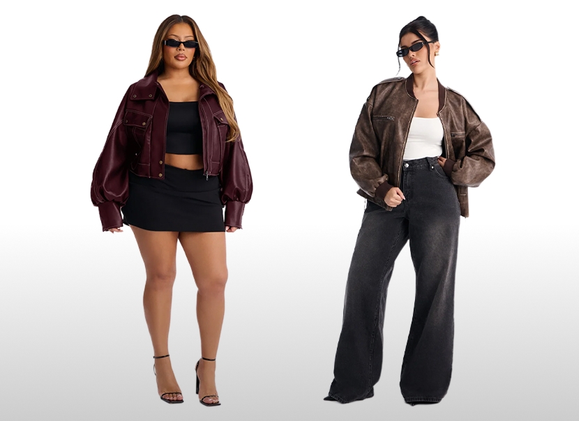 Dos modelos lucen chaquetas de cuero sintético para mujer en color vino y marrón, destacando una nueva colección de moda de otoño.