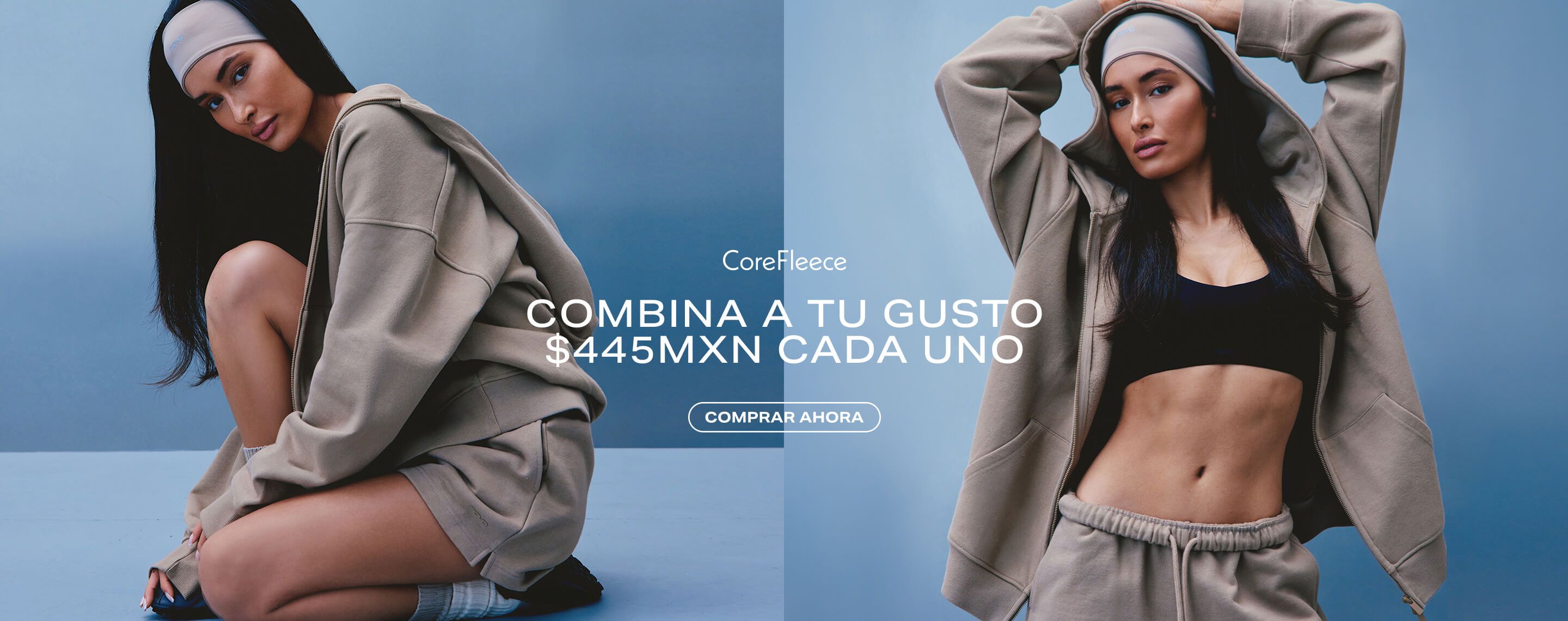 Mujer con sudadera con capucha y pants CoreFleece beige sobre fondo azul, promocionando ropa deportiva para combinar a $445 MXN cada uno.