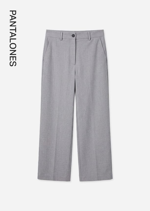 Pantalones de sastre grises de pernera ancha con elegantes pinzas y bolsillos, destacando la categoría de ropa de vestir femenina.