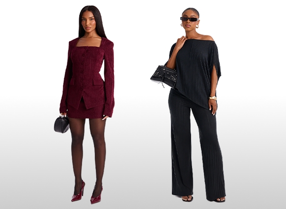 Two models showcase trendy women's fall co-ord sets featuring a burgundy mini skirt suit and a black off-the-shoulder wide-leg outfit.