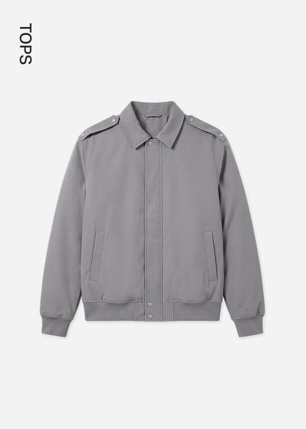 Classic grey men's casual jacket with collar and epaulets on a light background, highlighting the new arrivals in the tops category.