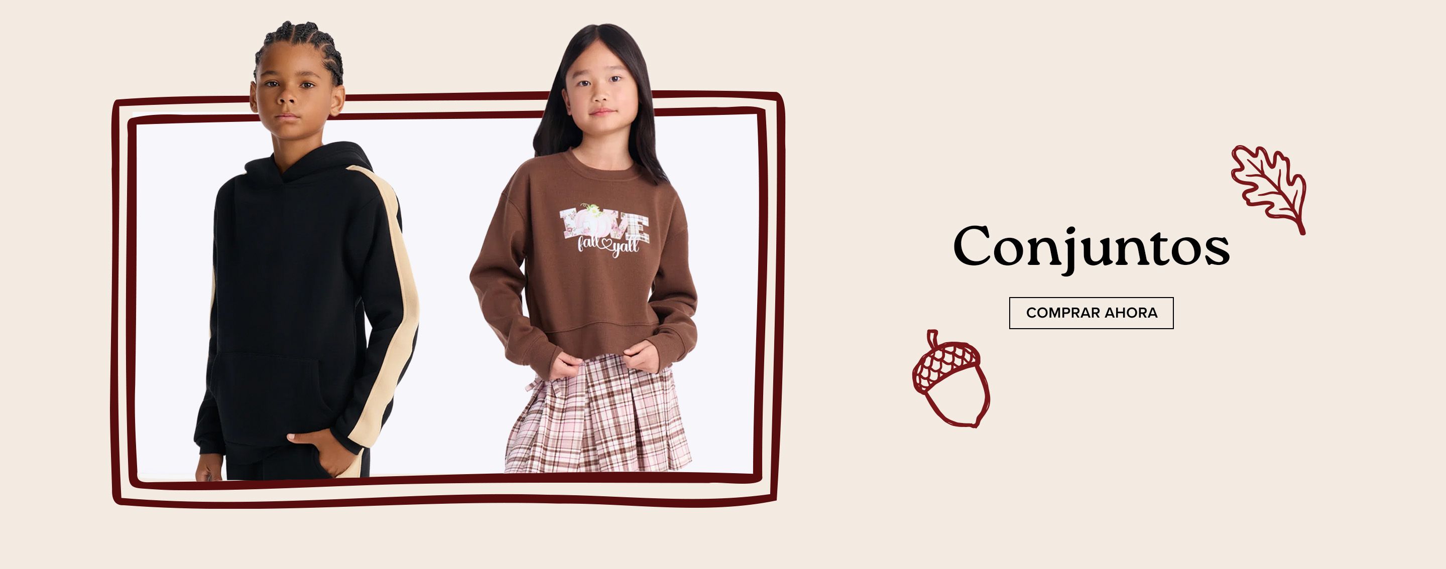 Compra conjuntos combinados de otoño para niños; incluye un niño con sudadera negra y una niña con sudadera marrón y falda escocesa.