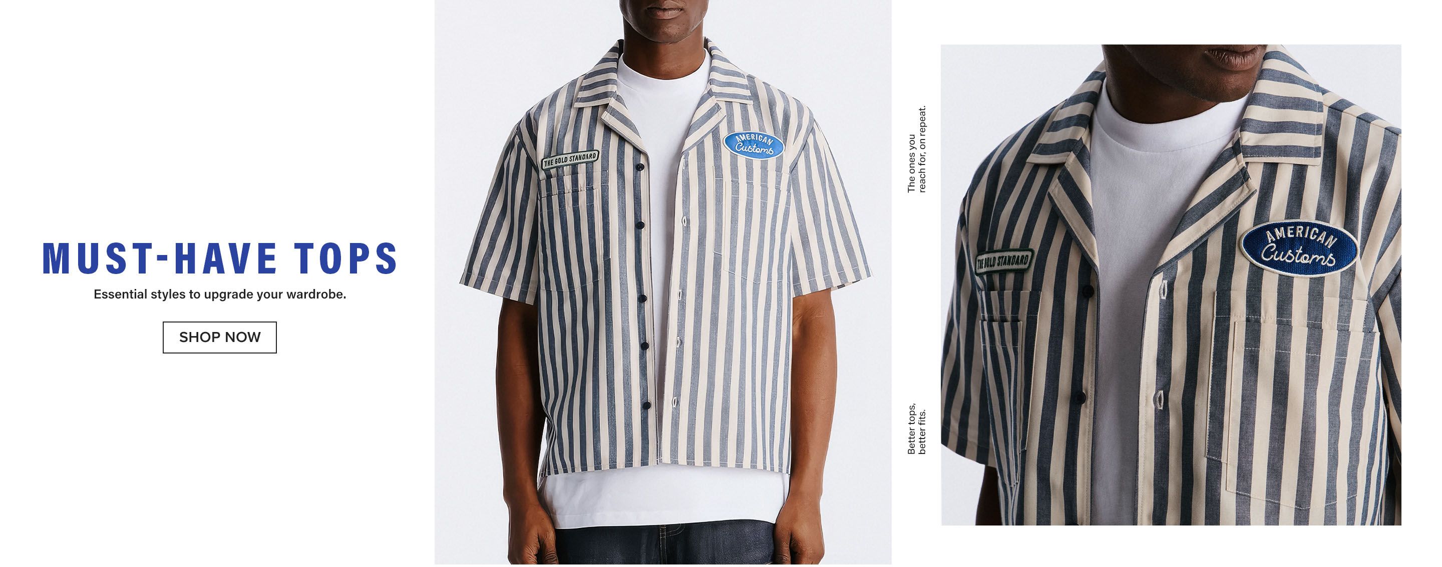 Navy and beige striped short-sleeve shirt with "AMERICAN Customs" and "THE BOLD STANDARD" patches. Promoting must-have men's tops.