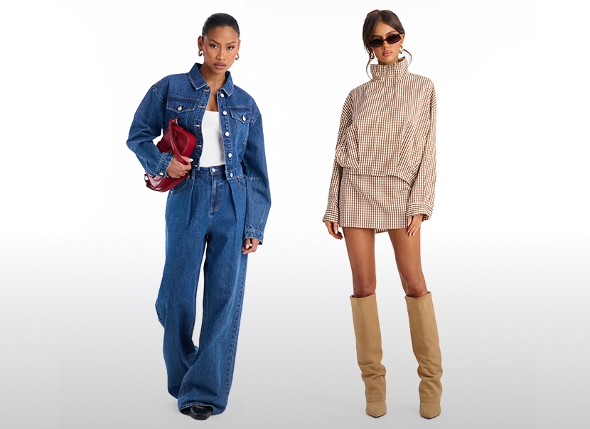 Modelos lucen moda de otoño para mujer: un conjunto de mezclilla azul de corte ancho, y otro de falda a cuadros con botas altas color beige.