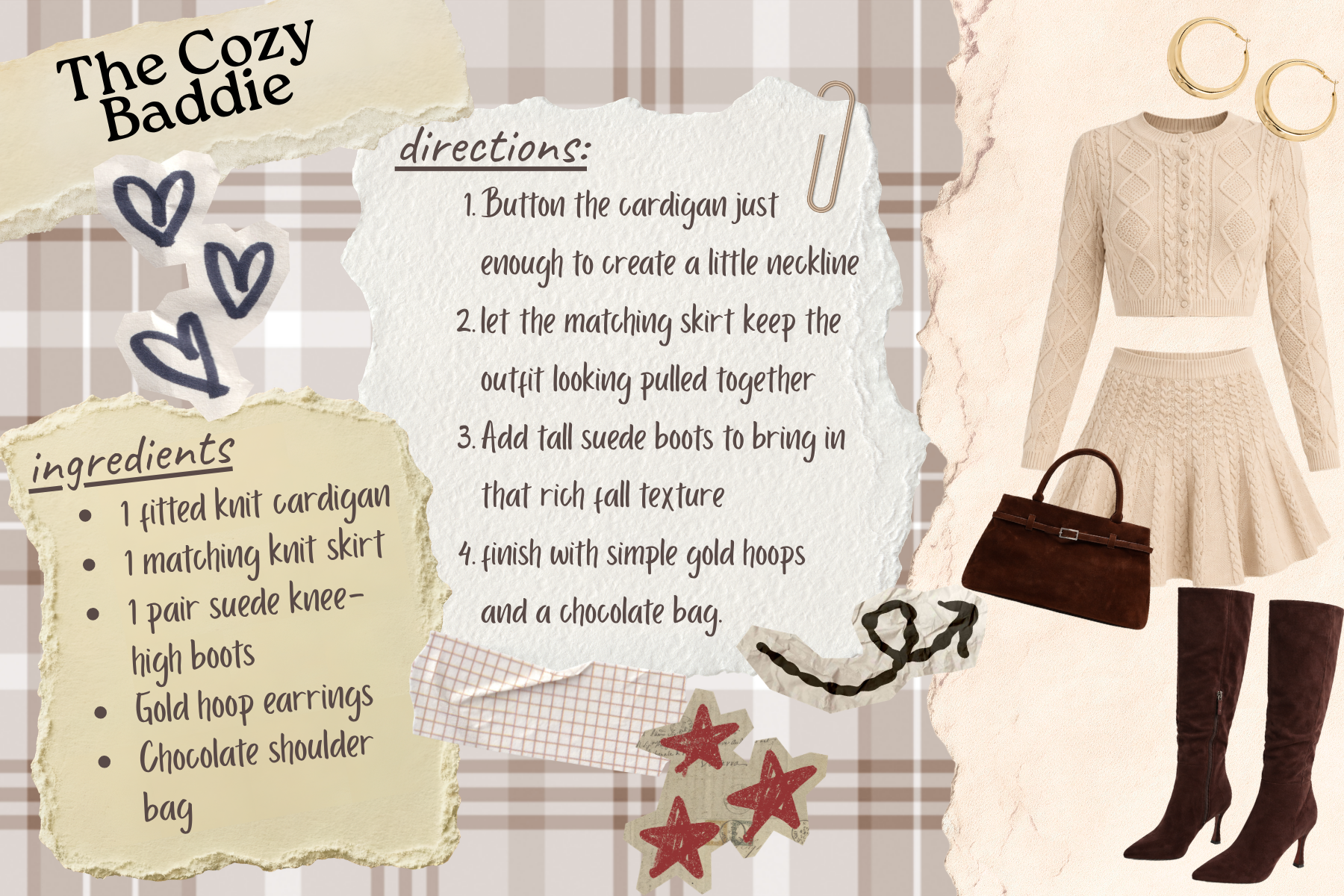Cozy Baddie fall outfit collage with a beige cable-knit cardigan set, dark brown suede knee-high boots, handbag, and gold hoops.