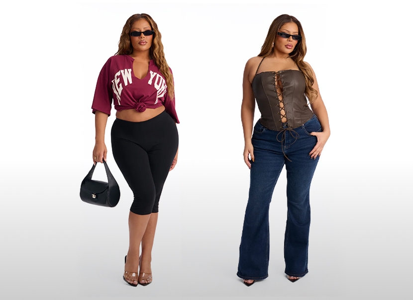 Two women model trendy plus size outfits: burgundy t-shirt with black capris, and brown corset with blue flare jeans. Shop new styles.